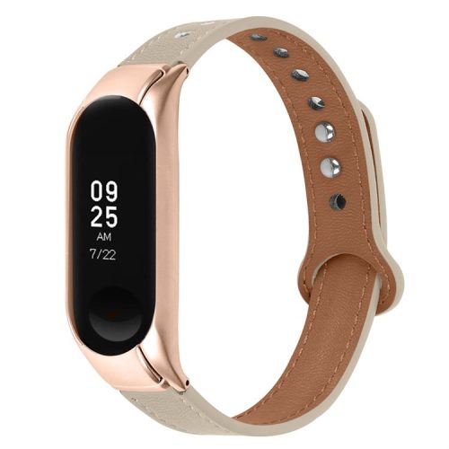 For Xiaomi Mi Band 5 / 6 Smart Watch Top Layer Cowhide Strap Replacement Wrist Band with Double Rivet, Rose Gold Watch Case - Ivory White