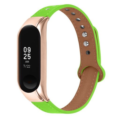 For Xiaomi Mi Band 5 / 6 Smart Watch Top Layer Cowhide Strap Replacement Wrist Band with Double Rivet, Rose Gold Watch Case - Fluorescent Green