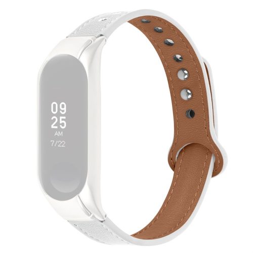 For Xiaomi Mi Band 7 Top Layer Cowhide Replacement Strap Adjustable Wrist Band with Double Rivet, Rose Gold Watch Case - White