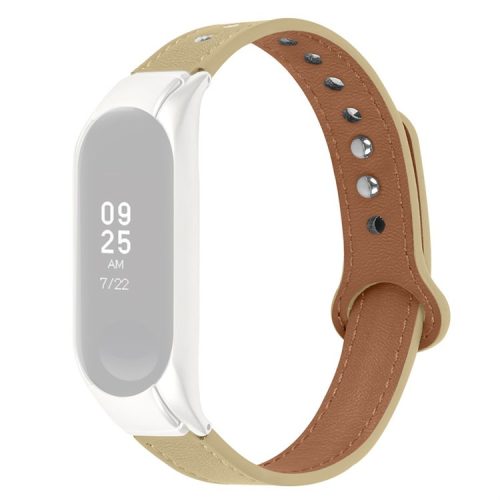 For Xiaomi Mi Band 7 Top Layer Cowhide Replacement Strap Adjustable Wrist Band with Double Rivet, Rose Gold Watch Case - Light Apricot