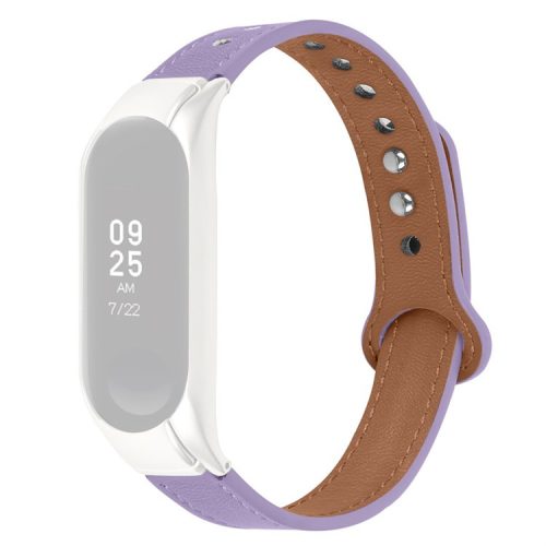 For Xiaomi Mi Band 7 Top Layer Cowhide Replacement Strap Adjustable Wrist Band with Double Rivet, Rose Gold Watch Case - Light Purple