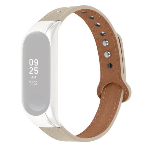 For Xiaomi Mi Band 7 Top Layer Cowhide Replacement Strap Adjustable Wrist Band with Double Rivet, Rose Gold Watch Case - Ivory White