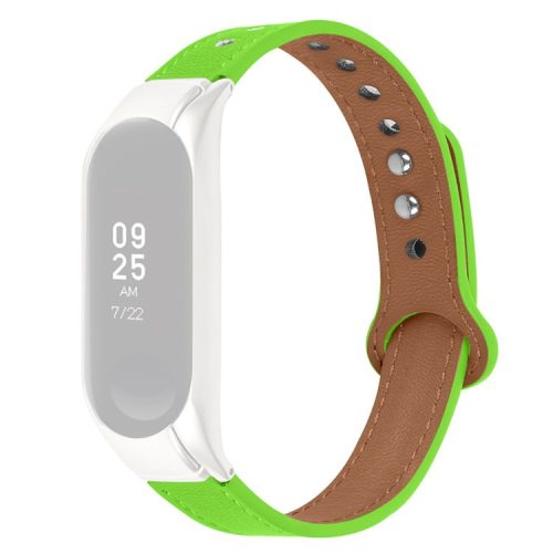 Top Layer Cowhide Strap for Xiaomi Mi Band 3 / 4, Double Rivet Design Wrist Band Replacement, Black Watch Case - Fluorescent Green