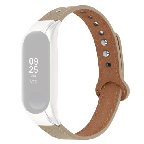 For Xiaomi Mi Band 5 / 6 Solid Color Top Layer Cowhide Wrist Strap Replacement Watchband with Double Rivet, Black Watch Case - Light Brown