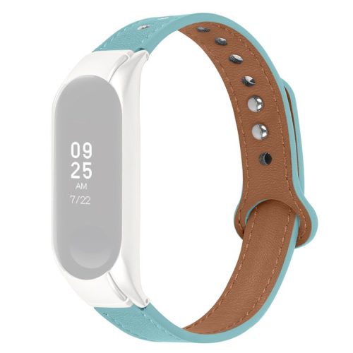 For Xiaomi Mi Band 5 / 6 Solid Color Top Layer Cowhide Wrist Strap Replacement Watchband with Double Rivet, Black Watch Case - Blue