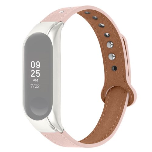 Adjustable Wrist Band for Xiaomi Mi Band 7 Top Layer Cowhide Replacement Strap with Double Rivet, Black Watch Case - Light Pink