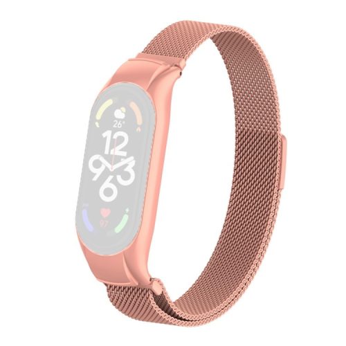 For Xiaomi Mi Band 7 Milanese Mesh Smart Watch Band Replacement Metal Magnetic Wrist Strap - Bright Pink