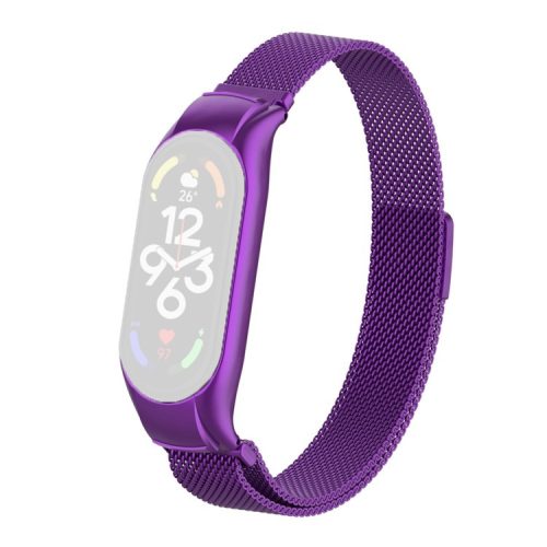 For Xiaomi Mi Band 7 Milanese Mesh Smart Watch Band Replacement Metal Magnetic Wrist Strap - Bright Purple