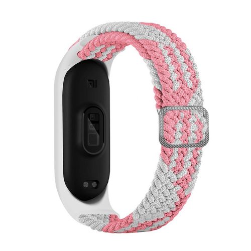 For Xiaomi Mi Band 5 / Band 6 / Band 7 Stretchy Nylon Solo Loop Band Adjustable Braided Sport Elastics Strap - Pink / White