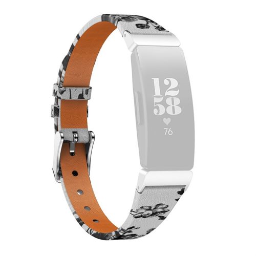 For Fitbit Inspire / Inspire HR / Ace 2 Printed Pattern Watchband Soft Genuine Leather Watch Strap Replacement Bracelet - White / White Roses