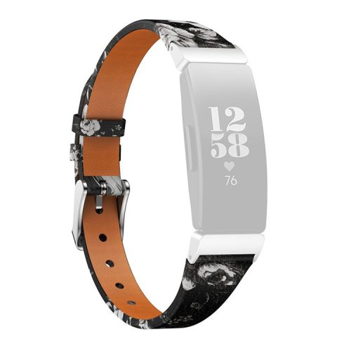 For Fitbit Inspire / Inspire HR / Ace 2 Printed Pattern Watchband Soft Genuine Leather Watch Strap Replacement Bracelet - Black / White Roses