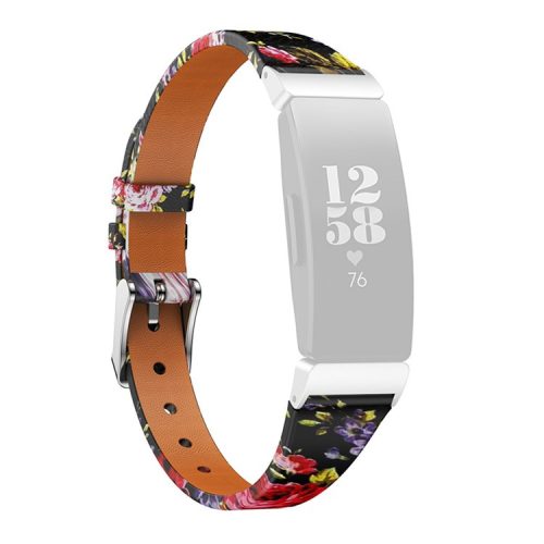 For Fitbit Inspire / Inspire HR / Ace 2 Printed Pattern Watchband Soft Genuine Leather Watch Strap Replacement Bracelet - Black / Pink Roses