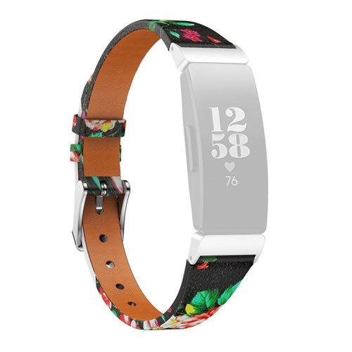 For Fitbit Inspire / Inspire HR / Ace 2 Printed Pattern Watchband Soft Genuine Leather Watch Strap Replacement Bracelet - Black / Red Roses