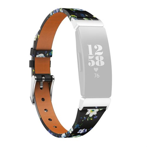 For Fitbit Inspire / Inspire HR / Ace 2 Printed Pattern Watchband Soft Genuine Leather Watch Strap Replacement Bracelet - Black / Green Roses