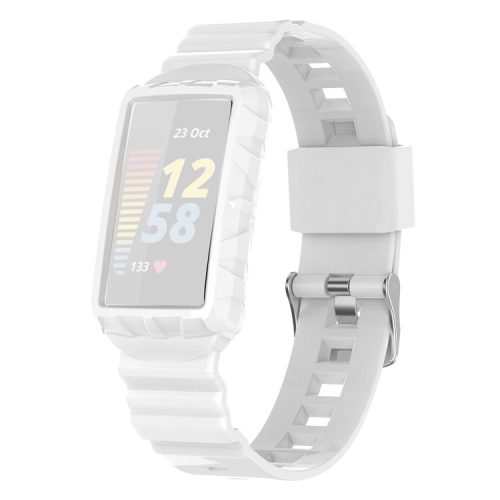 For Fitbit Charge 6 / 5 Silicone Watch Band Adjustable Wrist Strap with Anti-scratch Watch Case - White