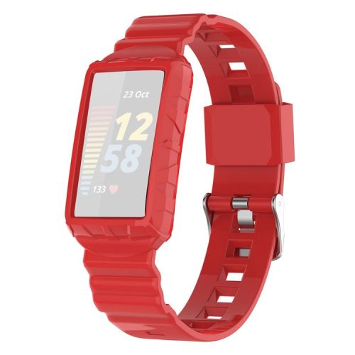 For Fitbit Charge 6 / 5 Silicone Watch Band Adjustable Wrist Strap with Anti-scratch Watch Case - Red