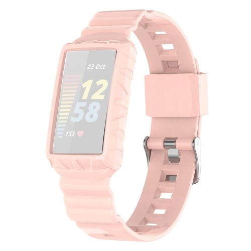 For Fitbit Charge 6 / 5 Silicone Watch Band Adjustable Wrist Strap with Anti-scratch Watch Case - Light Pink