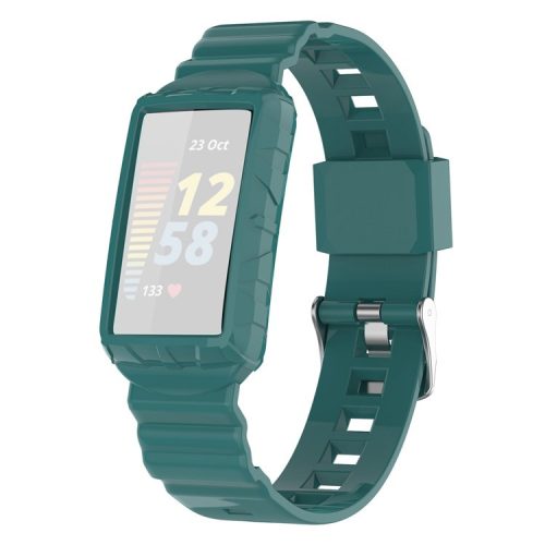 For Fitbit Charge 6 / 5 Silicone Watch Band Adjustable Wrist Strap with Anti-scratch Watch Case - Green