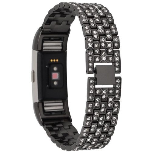 For Fitbit Charge 2 Full Rhinestone Decor Smart Watch Strap Replacement Metal Wrist Band - Black