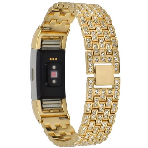 For Fitbit Charge 2 Full Rhinestone Decor Smart Watch Strap Replacement Metal Wrist Band - Gold