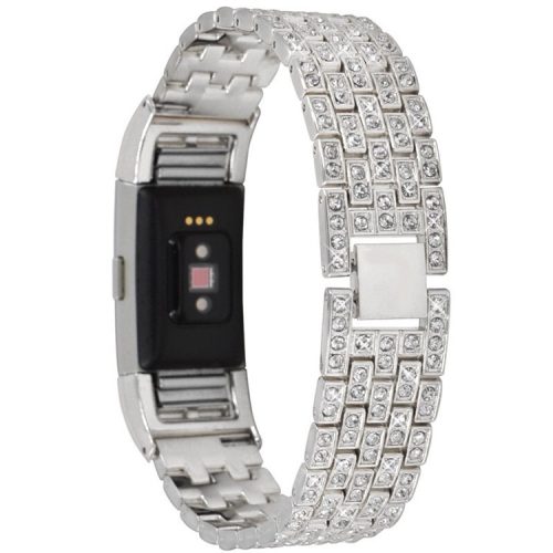 For Fitbit Charge 2 Full Rhinestone Decor Smart Watch Strap Replacement Metal Wrist Band - Silver