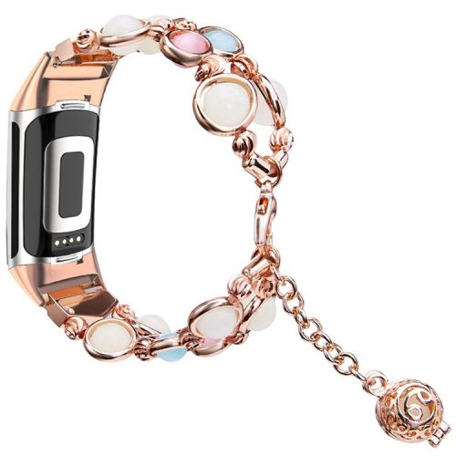 For Fitbit Charge 3 / 4 Beads Decor Metal Watch Strap Noctilucent Luminous Wrist Band Bracelet Replacement - Rose Gold