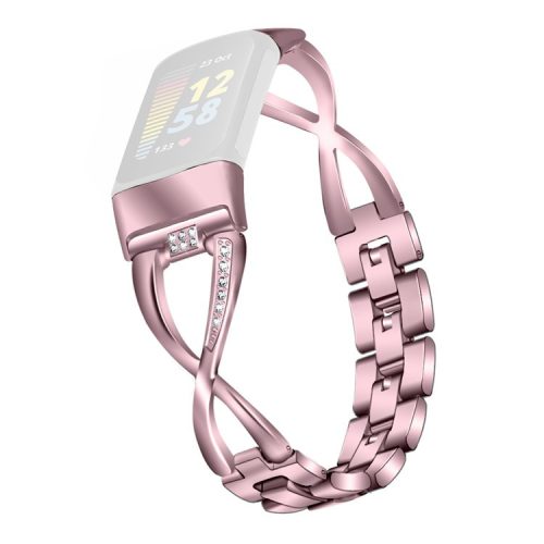 For Fitbit Charge 3 / 4 Universal Watch Strap Metal Watch Band with Decoration for Girls - Pink