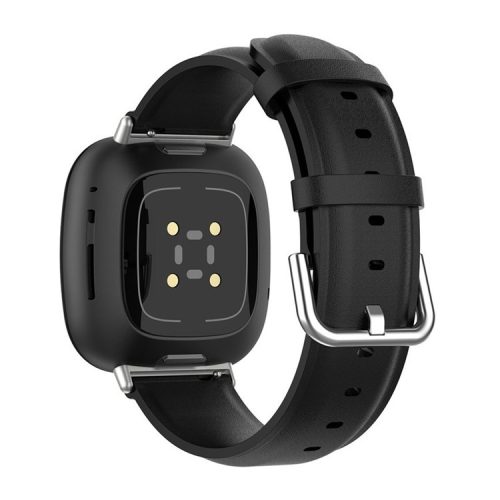 For Fitbit Versa 4 / Sense 2 Watch Band Soft Genuine Leather Replacement Strap with Solid Buckle - Black