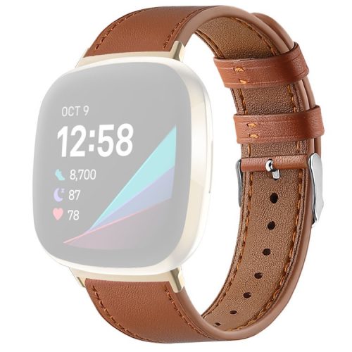 For Fitbit Versa 4 / Sense 2 Round Tail Genuine Leather Wrist Band Adjustable Watch Strap - Brown