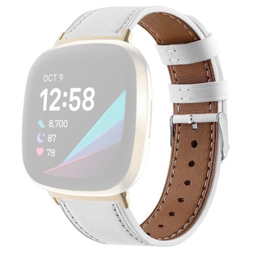 For Fitbit Versa 4 / Sense 2 Round Tail Genuine Leather Wrist Band Adjustable Watch Strap - White