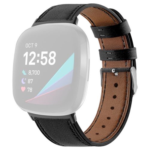 For Fitbit Versa 4 / Sense 2 Round Tail Genuine Leather Wrist Band Adjustable Watch Strap - Black