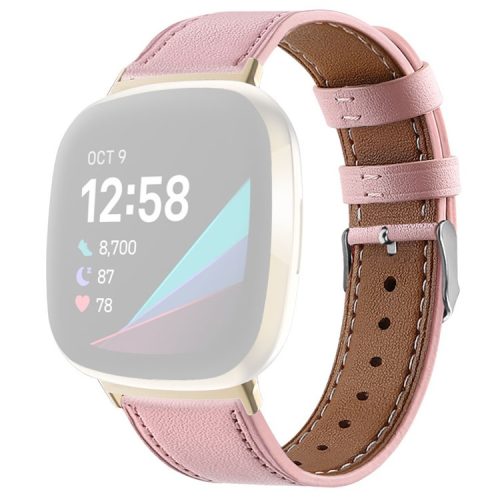 For Fitbit Versa 4 / Sense 2 Round Tail Genuine Leather Wrist Band Adjustable Watch Strap - Pink