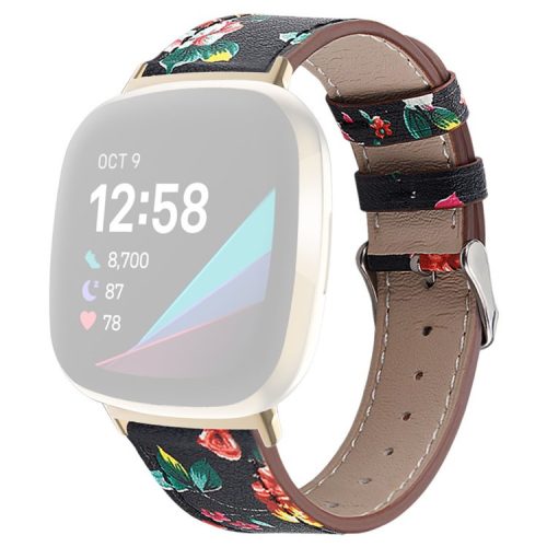 For Fitbit Versa 4 / Sense 2 Round Tail Genuine Leather Wrist Band Adjustable Watch Strap - Black / Red Flower