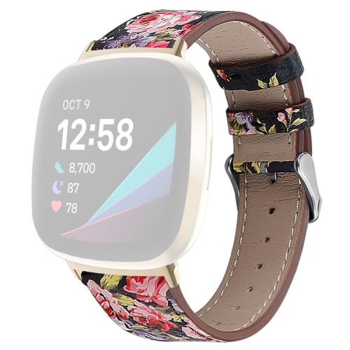 For Fitbit Versa 4 / Sense 2 Round Tail Genuine Leather Wrist Band Adjustable Watch Strap - Black / Pink Flower