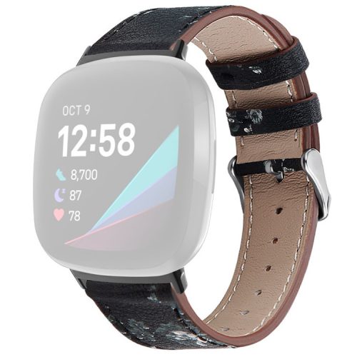 For Fitbit Versa 4 / Sense 2 Round Tail Genuine Leather Wrist Band Adjustable Watch Strap - Black / White Flower