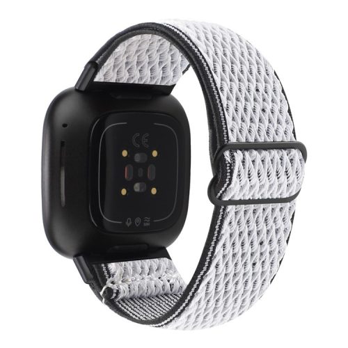 For Fitbit Versa 4 / Sense 2 Stretchy Nylon Watch Band Wave Pattern Elastic Braided Replacement Strap - Black / White