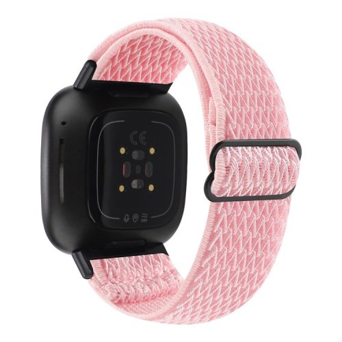 For Fitbit Versa 4 / Sense 2 Stretchy Nylon Watch Band Wave Pattern Elastic Braided Replacement Strap - Pink