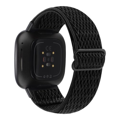 For Fitbit Versa 4 / Sense 2 Stretchy Nylon Watch Band Wave Pattern Elastic Braided Replacement Strap - Black