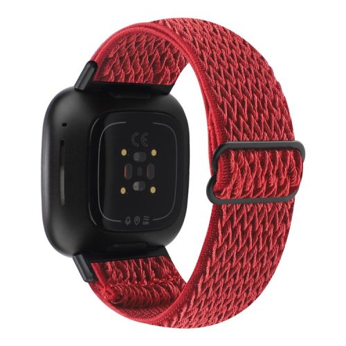 For Fitbit Versa 4 / Sense 2 Stretchy Nylon Watch Band Wave Pattern Elastic Braided Replacement Strap - Red