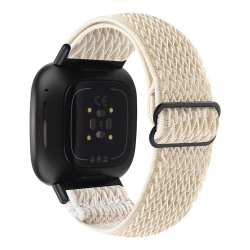 For Fitbit Versa 4 / Sense 2 Stretchy Nylon Watch Band Wave Pattern Elastic Braided Replacement Strap - Beige