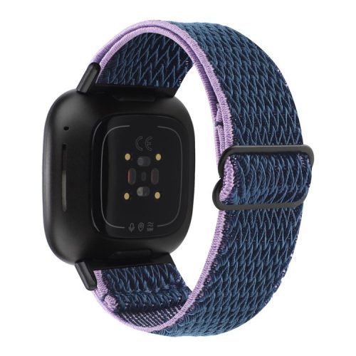 For Fitbit Versa 4 / Sense 2 Stretchy Nylon Watch Band Wave Pattern Elastic Braided Replacement Strap - Midnight Blue