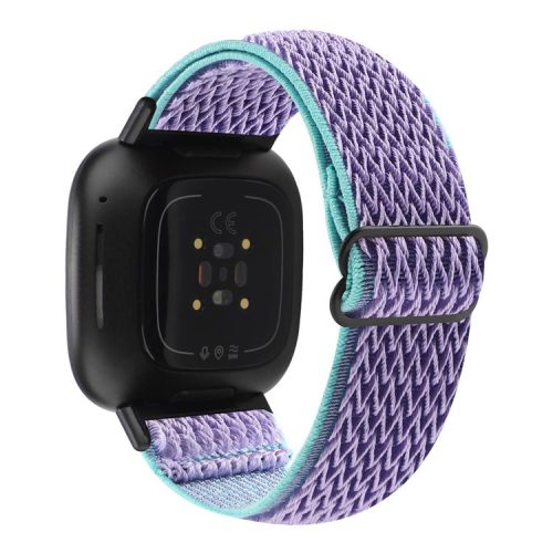 For Fitbit Versa 4 / Sense 2 Stretchy Nylon Watch Band Wave Pattern Elastic Braided Replacement Strap - Purple / Green