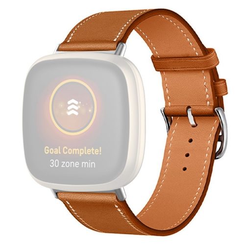 For Fitbit Versa 4 / Sense 2 Watch Band with Stitching Genuine Leather Wristband Replacement Watch Strap - Brown