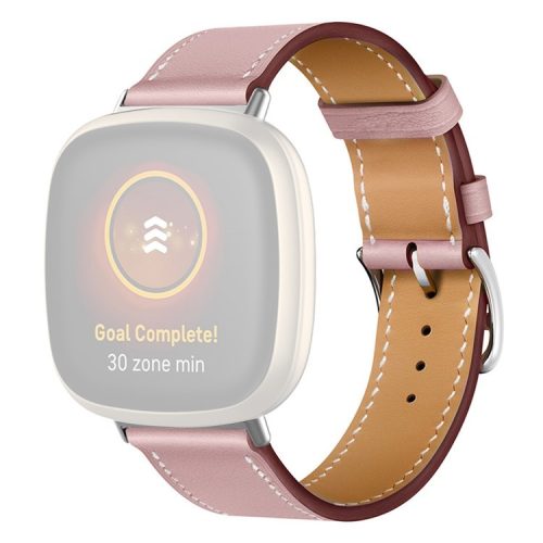 For Fitbit Versa 4 / Sense 2 Watch Band with Stitching Genuine Leather Wristband Replacement Watch Strap - Pink