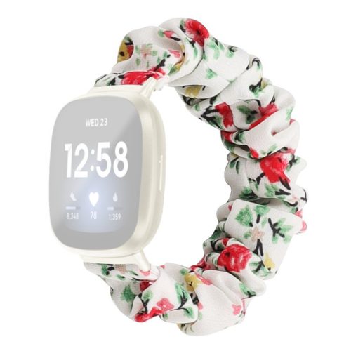 For Fitbit Versa 4 / Sense 2 Elastic Scrunchie Watch Band Fabric Pattern Printed Hair Band Strap Bracelet - White / Red Flower