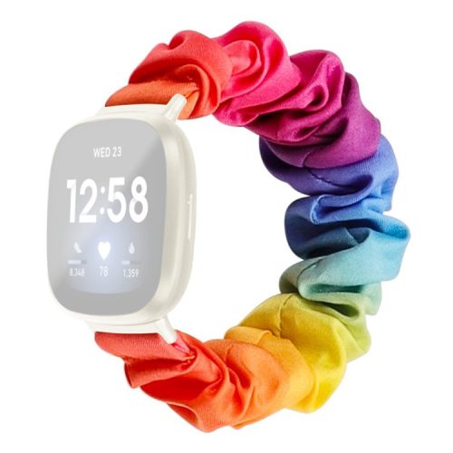 For Fitbit Versa 4 / Sense 2 Elastic Scrunchie Watch Band Fabric Pattern Printed Hair Band Strap Bracelet - Rainbow