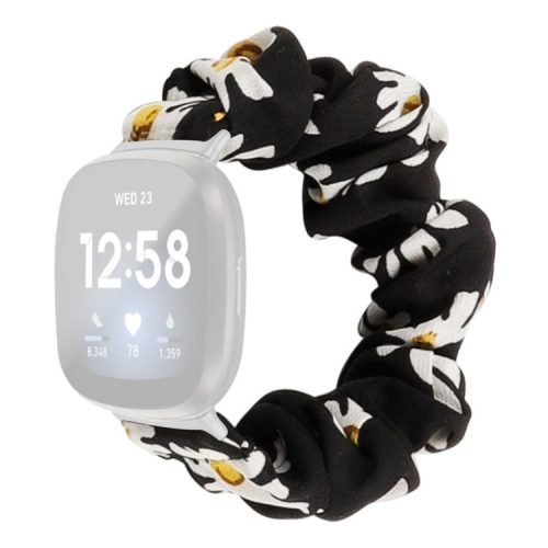 For Fitbit Versa 4 / Sense 2 Elastic Scrunchie Watch Band Fabric Pattern Printed Hair Band Strap Bracelet - Black White Chrysanthemum