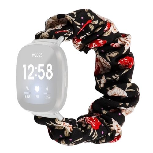 For Fitbit Versa 4 / Sense 2 Elastic Scrunchie Watch Band Fabric Pattern Printed Hair Band Strap Bracelet - Black / Red Flower