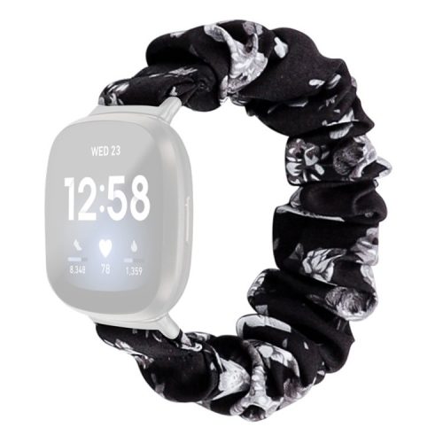 For Fitbit Versa 4 / Sense 2 Elastic Scrunchie Watch Band Fabric Pattern Printed Hair Band Strap Bracelet - Black / Grey Flower