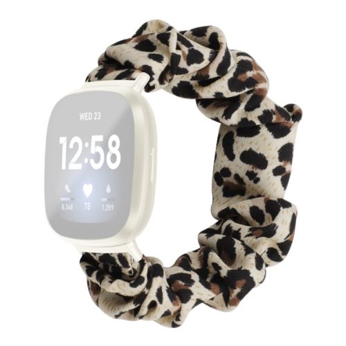 For Fitbit Versa 4 / Sense 2 Elastic Scrunchie Watch Band Fabric Pattern Printed Hair Band Strap Bracelet - Yellow Leopard